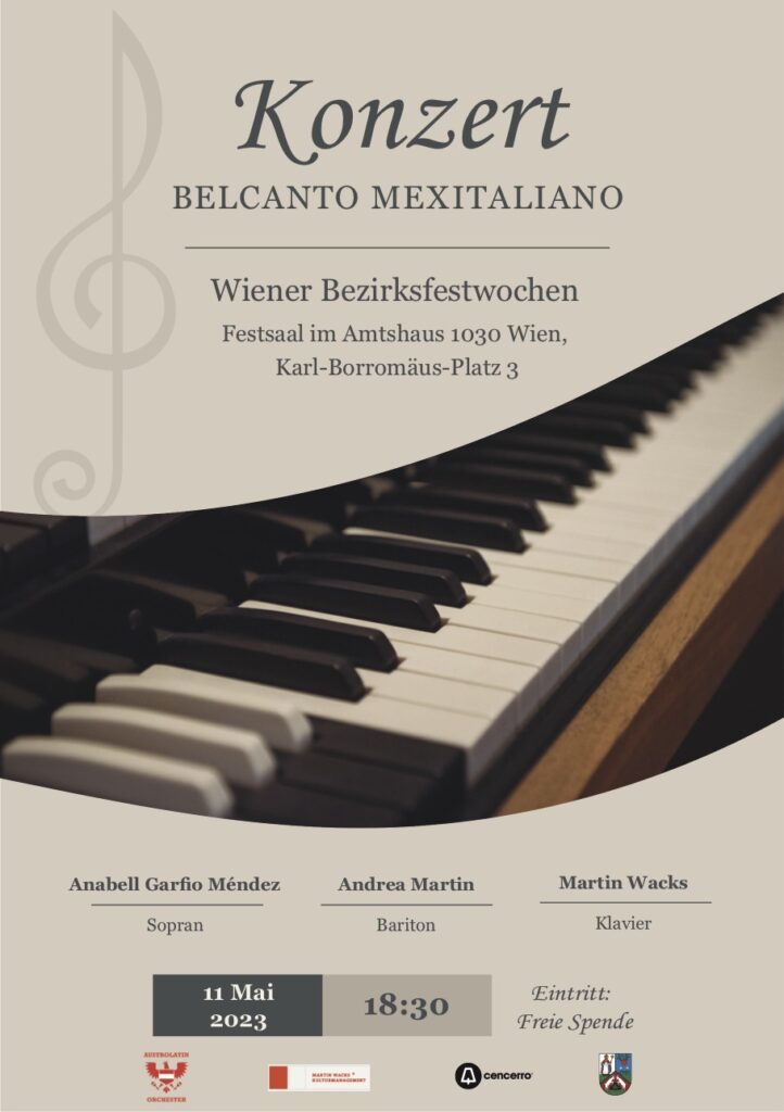 Konzert
Belcanto Mexitaliano
11. Mai 2023
18:30

Anabell Garfio Méndez
Sopran

Andrea Martin
Bariton

Martin Wacks
Klavier

Wiener Bezirksfestwochen

Festsaal im Amtshaus
1030 Wien, 
Karl-Borromäus-Platz 3

Eintritt: Freie Spende


Logos: 3. Bezirk Landstraße,  Austrolatin Orchester, Cencerro, Wacks Kulturmanagement
