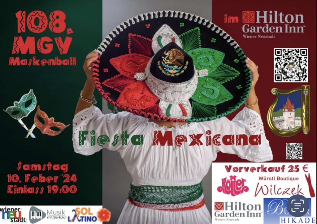 SOL LATINO als Mitternachtseinlage
am 10.Feb. 2024 am 108. MGV Maskenball (!) Motto Fiesta Mexicana.
im Hotel Hilton Garden Inn 
Einlass 19:00. Vorverkauf bei Würstel Boutique Wilczek, Buchhandlung Hikade, Konditorei Hikade und im Hotel.